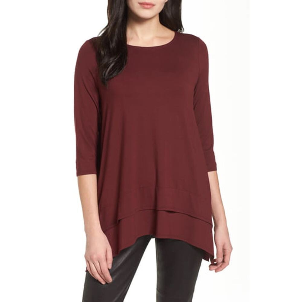 Eileen Fisher Tiered Handkerchief Hem Tunic In Claret Size Small